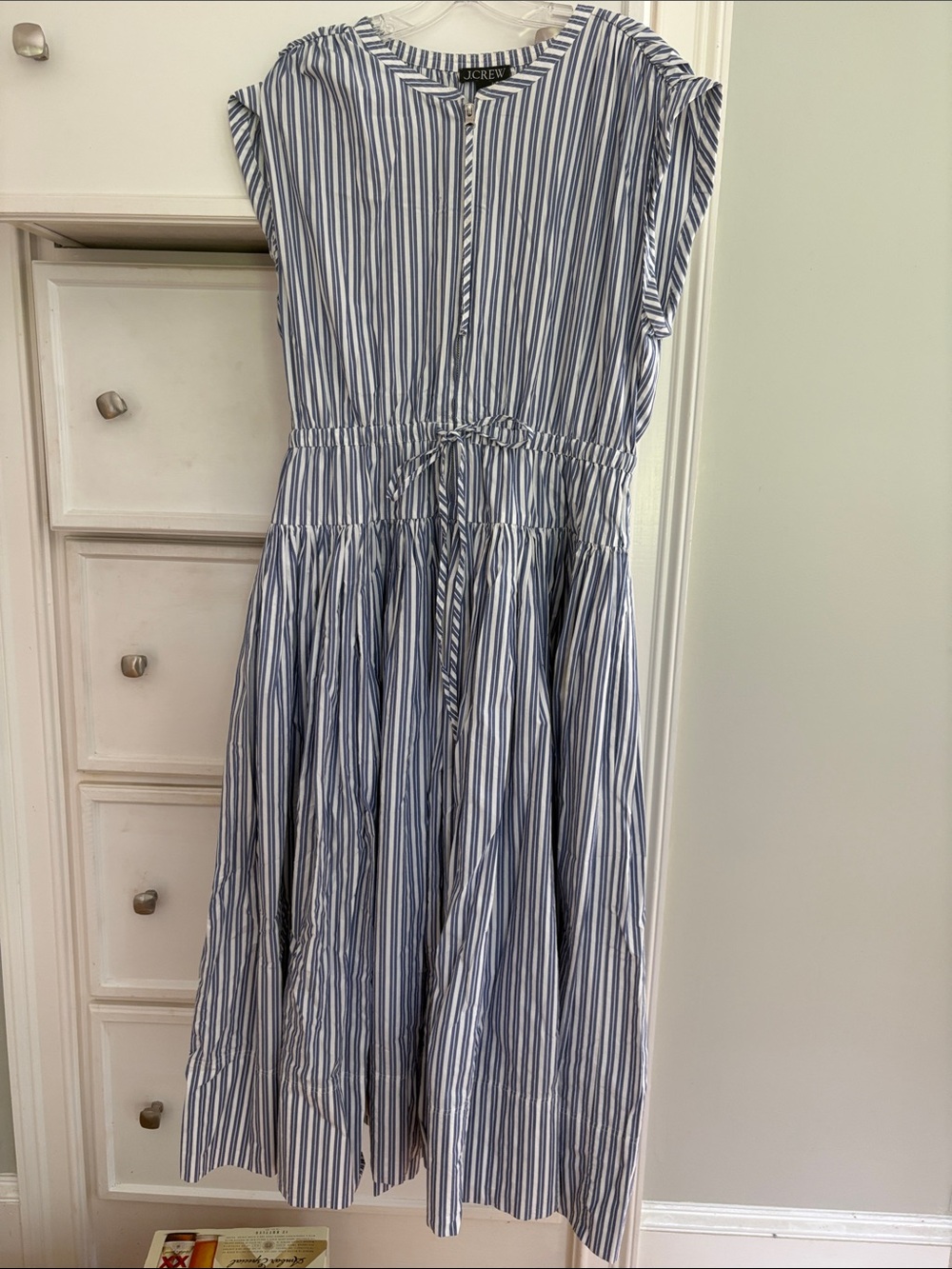 J. Crew Blue & White Vertical Stripe Midi Dress. Front zipper. Full skirt. Sz L